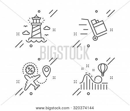 Push Cart, Lighthouse And Flight Sale Line Icons Set. Roller Coaster Sign. Express Delivery, Beacon 