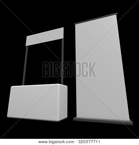 Stall Or Kiosk Modern Promostand Reception Desk With Roll Up. Trade Show Booth White And Blank. 3d R