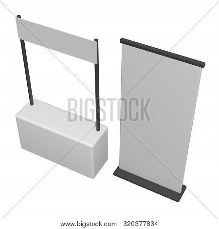 Stall Or Kiosk Modern Promostand Reception Desk With Roll Up. Trade Show Booth White And Blank. 3d R
