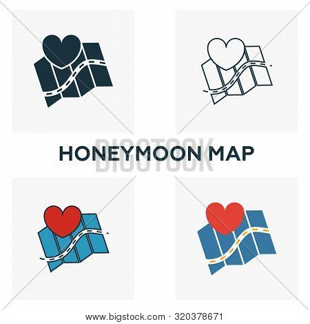 Honeymoon Map Icon Set. Four Elements In Diferent Styles From Honeymoon Icons Collection. Creative H