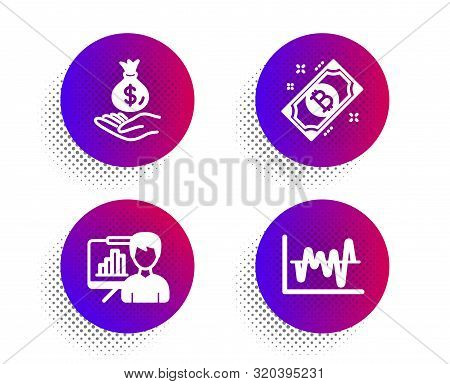 Bitcoin, Income Money And Presentation Board Icons Simple Set. Halftone Dots Button. Stock Analysis 