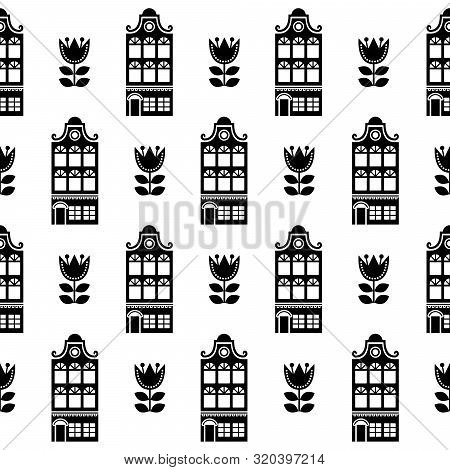 Amsterdam Houses And Tulips Seamless Vector Pattern, Dutch Buildings, Holland Or Netherlands Archict