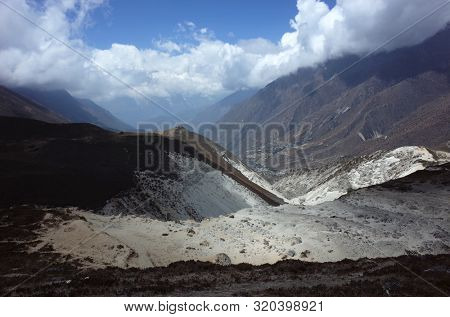 Landslide traces 4 years after earthquake 2015, On the way to Ama Dablam base camp from Pangboche village. Sagarmatha national park, Solukhumbu, Nepal