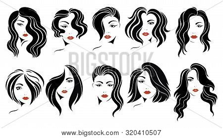 Set Of Hairstyles For Women. Collection Of Black Silhouettes Of Hairstyles For Girls. Fashionable Ha