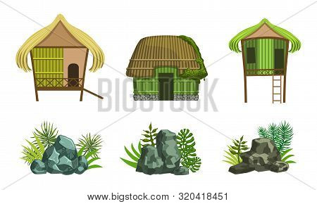 Beach Houses And Rock Stones Set, Straw Huts, Bungalow, Tropical Landscape Design Elements Vector Il