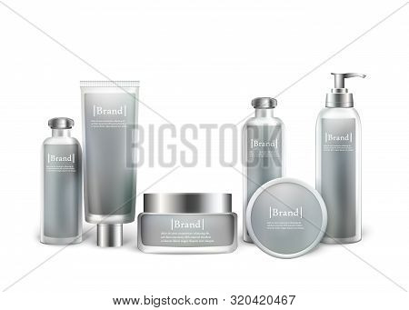 Mock Up Set Of Silver Bottles For Essential Oil And Tubes Or Containers With Label Sticker. Cream, O