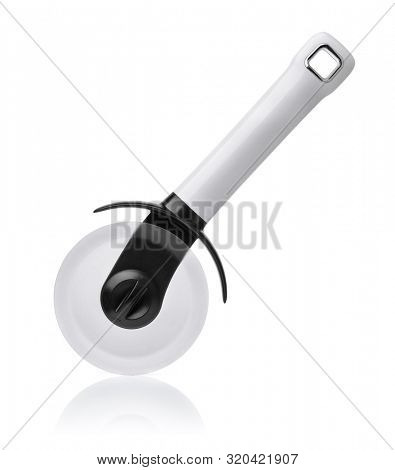 Side view of white plastic pizza cutter isolated on white