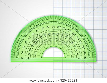 School Supplies. Measuring Tool. Green Transparent Plastic Protractor On White And Sheet In A Cell. 