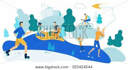 Outdoors Activity At Summer Time. Men, Women And Kids Spending Time On Open Air Exercising, Doing Sp