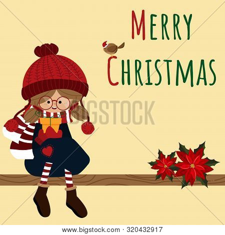 Christmas Holiday Season Background With Cute Girl In Winter Custom Holding Gift Box With Red Poinse