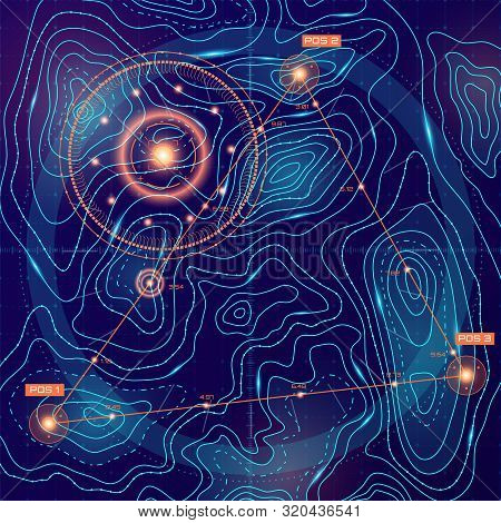 Topographic Contour Map With Markers. Futuristic User Interface. Search Gadget In Hud Style. Digital