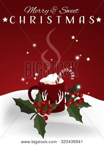 Christmas Holiday Season Background With Red Mug Of Hot Chocolate With Marshmallow And Candy Canes N