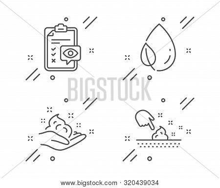 Leaf Dew, Skin Care And Eye Checklist Line Icons Set. Skin Moisture Sign. Water Drop, Hand Cream, Op