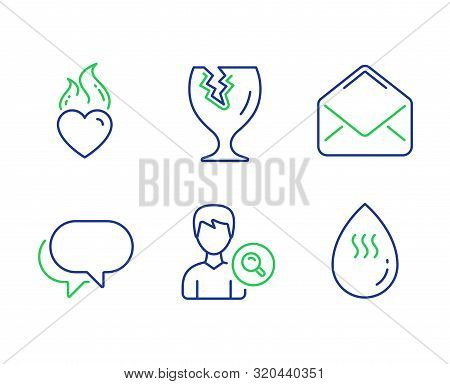 Mail, Heart Flame And Search People Line Icons Set. Talk Bubble, Fragile Package And Hot Water Signs