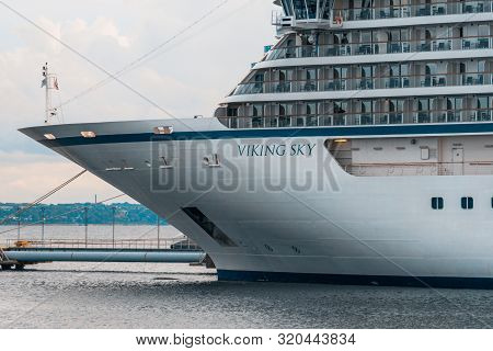 Tallinn / Estonia - September 4, 2019: Cruise Ship Mv Viking Sky Of The Viking Ocean Cruises Fleet D