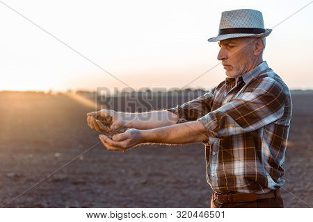 Self-employed Farmer In Straw Hat Sowing Seeds In Evening