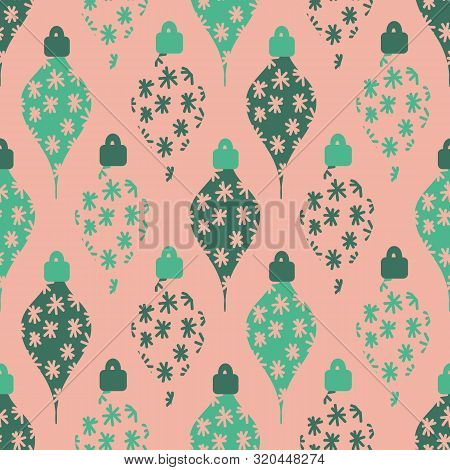 A Seamless Vector Pattern With Green Christmas Ornaments On A Pale Coral Background. Surface Print D