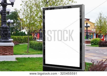 Advertising Space Under The Poster. Lightposter Citylight Mockup Small Billboard In The City Near Th