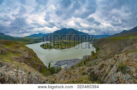 The Place Is The Confluence Of Two Famous Altai Rivers Chuya And Katun. Panorama Of The Katun River 