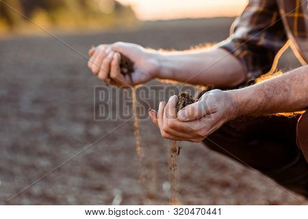 Selective Focus Of Self-employed Farmer Sowing Seeds In Evening