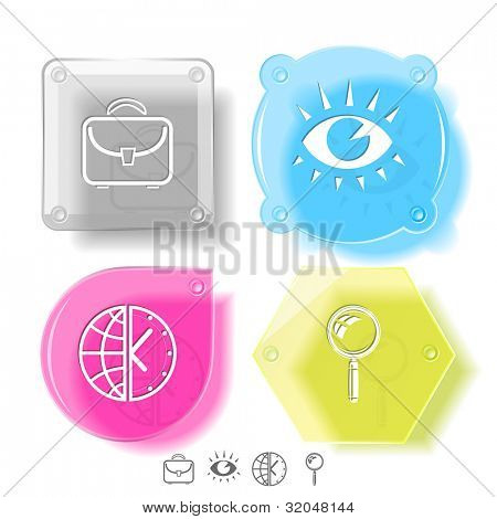 Affaires jeu d'icônes. Loupe, globe et horloge, porte-documents, œil. Boutons de verre. illustra raster