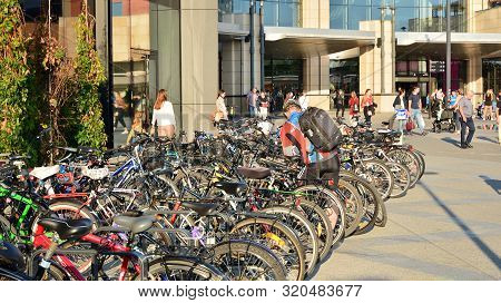 Warsaw, Poland. 4 September 2019. Arkadia Shopping Center. Bicycles Arranged In A Row.