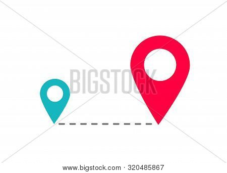 Two Map Pin Pointers With Tack Path Way Dashed Line Vector Symbol, Flat Cartoon Route Or Relocation 