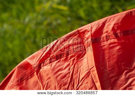 Red Tent Close-up, Durable Material Of Long-lasting Tourist Equipment And Sportswear