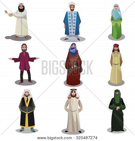 Nationalities In Ethnic Dress. Raster Illustration In Flat Cartoon Style