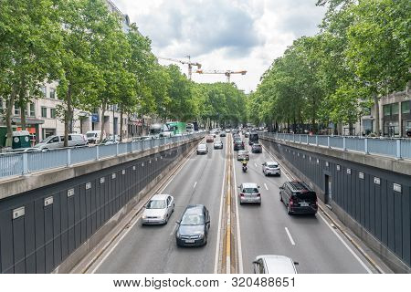 Brussels, Belgium - June 6, 2019: Cars Entering And Leaving The Madou Tunnel.