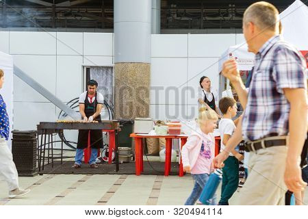 Tyumen, Russia-avg 20, 2019: Barbecue River Tours Of The City Of Tyumen Summer