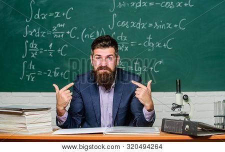 Self Confident Teacher Introducing Himself. I Know Everything. Teacher Man Pointing Himself. Narciss