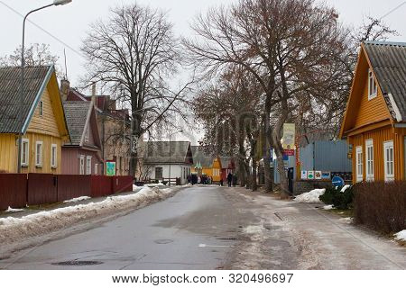 Trakai, Lithuania - January 02, 2013: Traditional Wooden Houses In Center Of Trakai. Is A Historic C