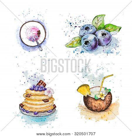 Set Of Watercolor Cards And Hand Drawn Pictures. Kakos With Yogurt And Berries. Honey Cakes With Cho