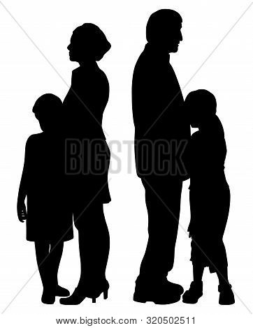 Divorced Separated Parents With Their Two Sad Unhappy Separated Children. Family Split And Child Cus