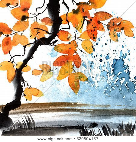 Watercolor And Ink Illustration Of Tree Leaves Branch, Background With Abstract Landscape With Grass