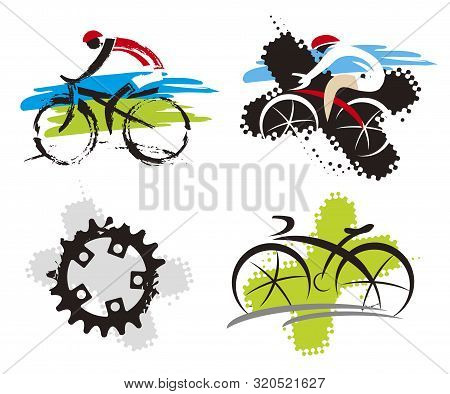 Cyling Racers, Mountain Bike, Grunge Expressive Icon. 
Colorful Abstract Stylized Illustration Of Th