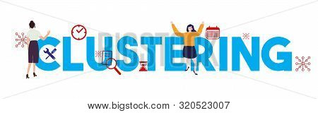 Clustering Statistics Diagram Vector Icon, Illustration On Large Text Woman Working On Cluster