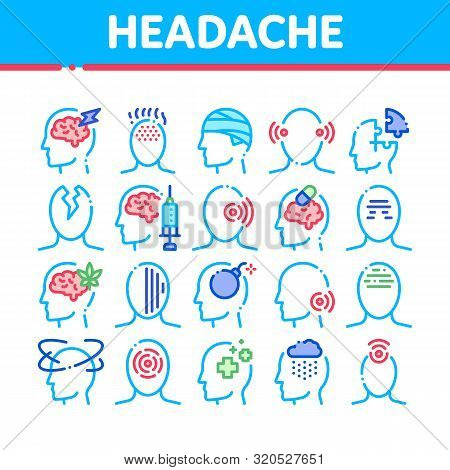 Headache Collection Elements Vector Icons Set Thin Line. Tension And Cluster Headache, Migraine And 