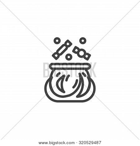 Cauldron With Potion Line Icon. Linear Style Sign For Mobile Concept And Web Design. Witch Pot Cauld