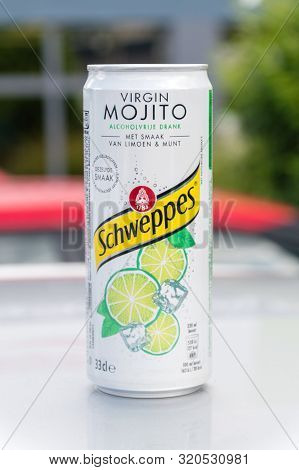 Brussels, Belgium - June 6, 2019: Can Of Schweppes Virgin Mojito Flouverd Drink.