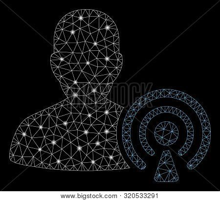 Glowing Mesh Podcast Creator With Glare Effect. Abstract Illuminated Model Of Podcast Creator Icon. 