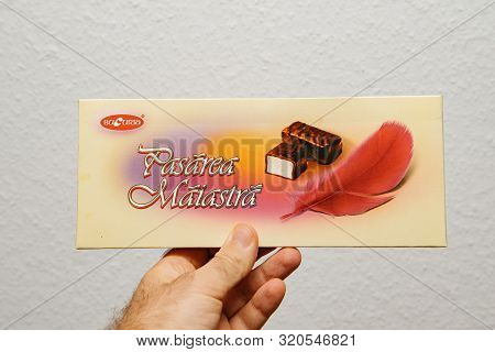 Paris, France - Aug 20, 2019: Man Hand Holding Delicious Modovan Bucuria Pasarea Maiastra Birds Milk