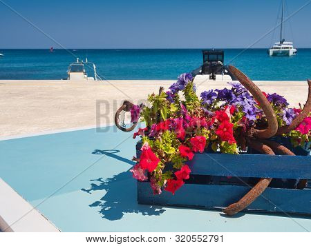 Kalafatis Beach, Mykonos, Greece - July 23 2019 Old Anchor In Wooden Box With Bright Flowerbed On Ci