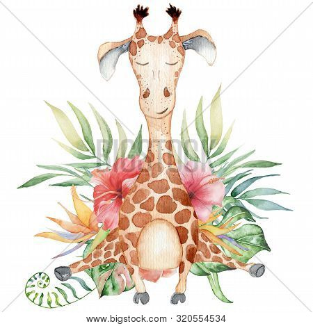 Cute Watercolor Geraffe With Tropical Flowers Card Hand Drawn Illustration