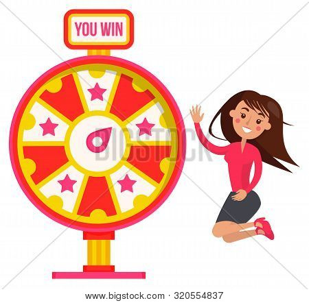 Fortune Wheel With Signboard You Win, Smiling Player Character Winning Roulette. Red Game Machine Wi