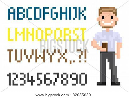 Pixel Man Vector, Alphabet Pixelated Graphics Man With Beverage In Cup, Hipster Smiling, Abc With Pi