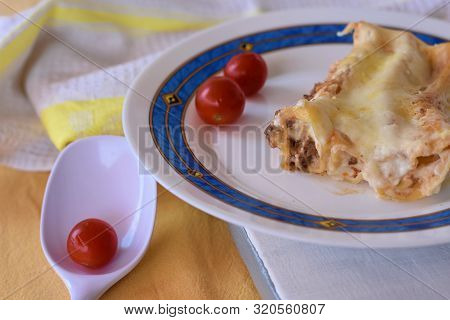 Delicious Meat Filled Pasta On A Plate. Italian Cannelloni, Spanish Canelones. Catalan Dish With Mea
