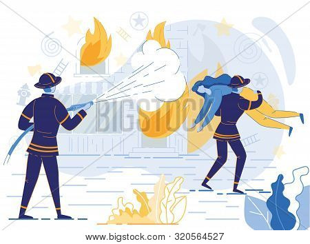 Firefighter In Uniform Holding Hose, Extinguishing Fire Flat Cartoon Vector Illustration. Man Saving