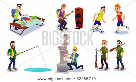Male Characters Trying Different Hobbies Flat Cartoon Vector Illustration. Man Constructing Craft Pl